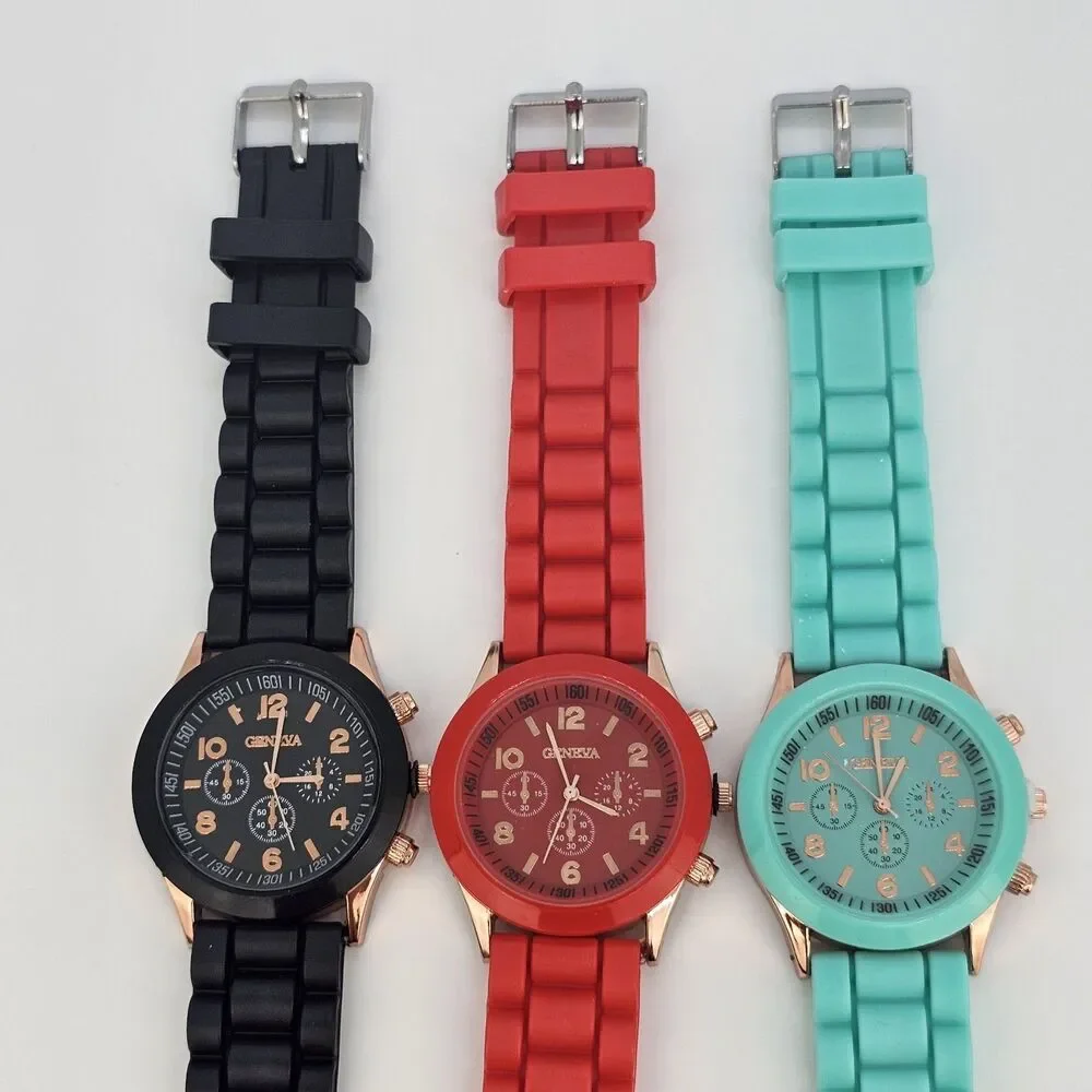 3X Analog Women's Fashion Watches 38MM Black Red Teal Dial‎ Plastic Band Straps